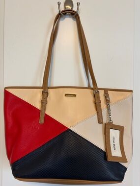 Nine West Colorblock Tote in Red, Black, and Cream with Tan Trim